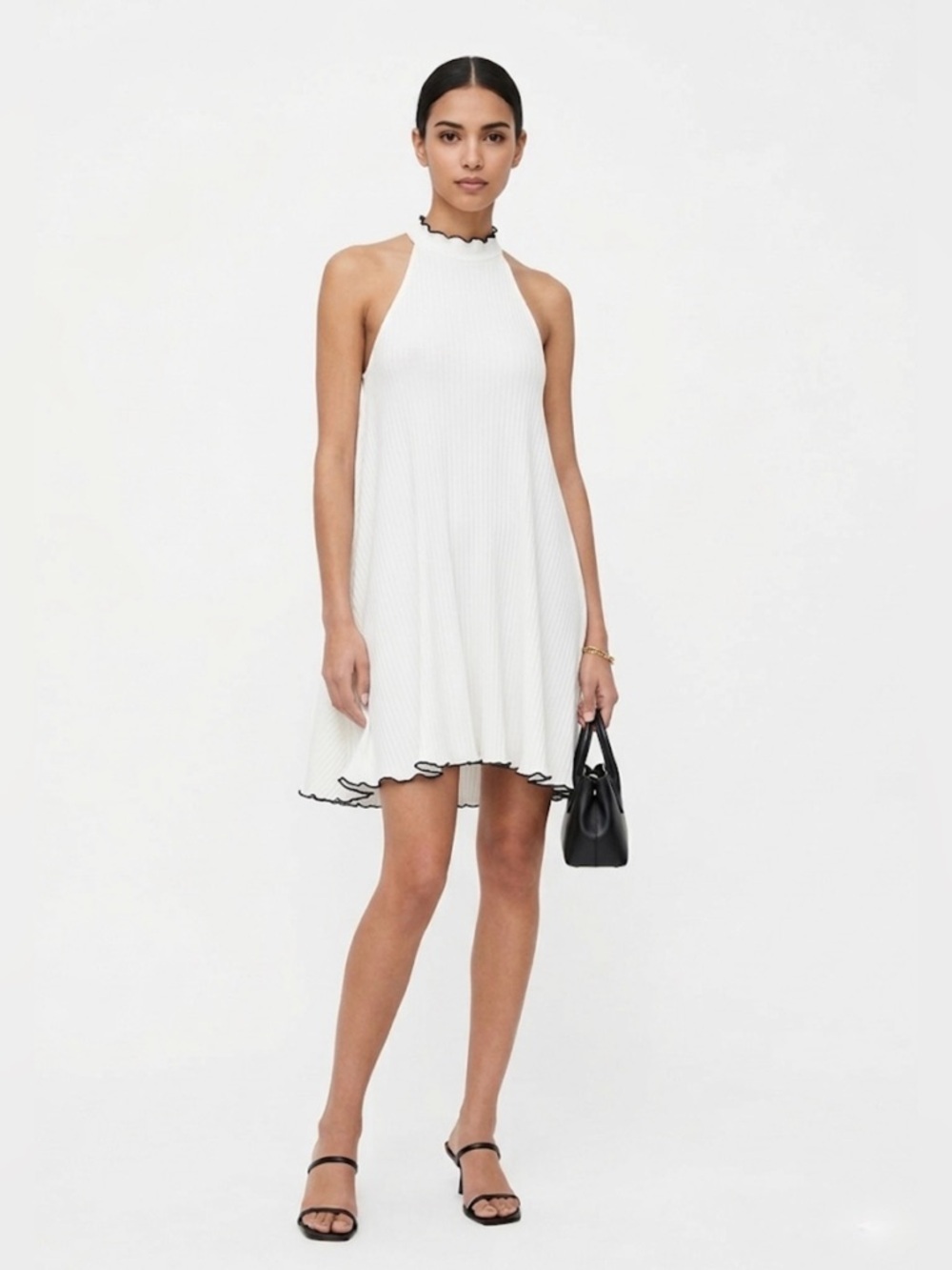 Zara Trafaluc Ribbed Mini Dress White Black Lettuce Trim Size L Quiet Luxury